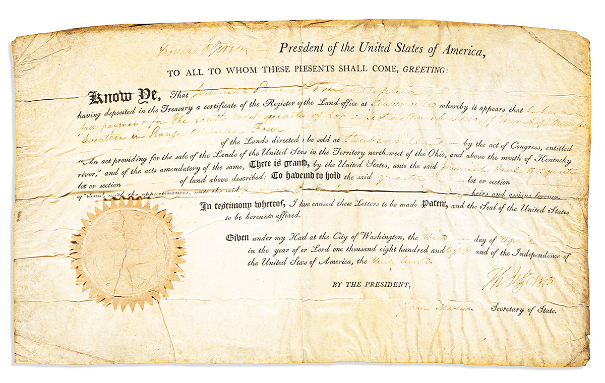 JEFFERSON, THOMAS. Partly-printed vellum Document Signed, Th:Jefferson, as President, granting a quarter lot in Stubenville, OH to Je